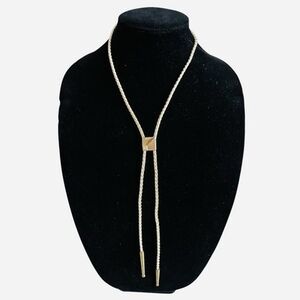 Vintage Gold Tone Square Pendant Crystal Bolo Tie Western Jewelry